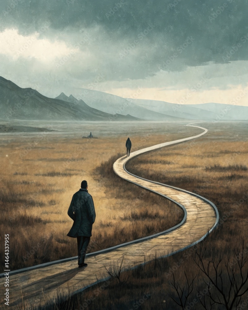 A winding path through a desolate landscape representing the journey of selfdiscovery where one must embrace their shadow aspects to move forward.