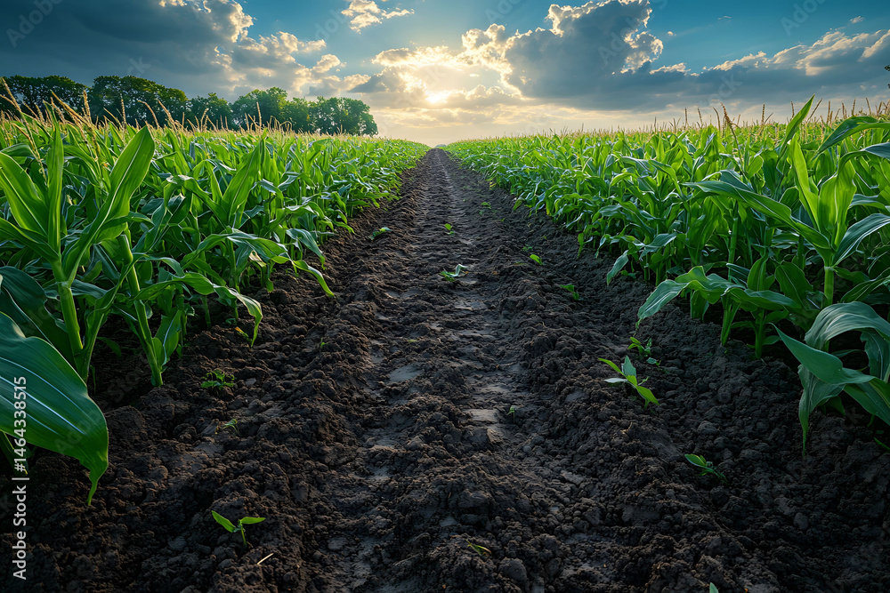 Lush Cornfield Under Dramatic Sunset Sky in Rural Landscape