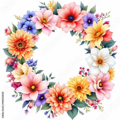 A floral frame with pink and white flowers and delicate butterflies creates a spring nature illustration with a beautiful blossom border, perfect for a card design