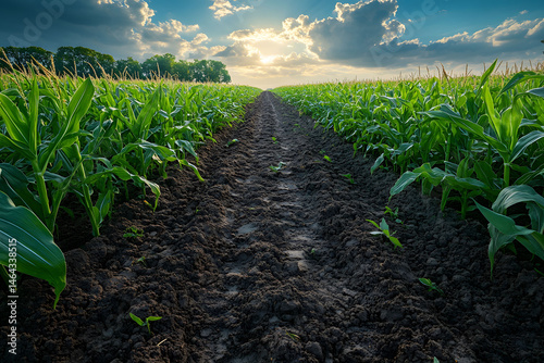 Obraz na płótnie Lush Cornfield Under Dramatic Sunset Sky in Rural Landscape w salonie