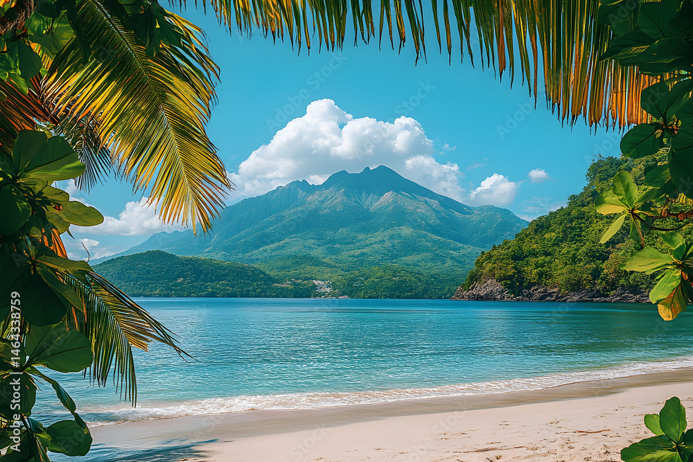 Tropical Beach Paradise with Mountain View and Lush Palm Fronds