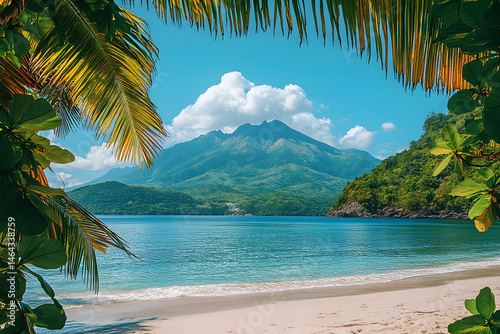 Obraz na płótnie Tropical Beach Paradise with Mountain View and Lush Palm Fronds w salonie