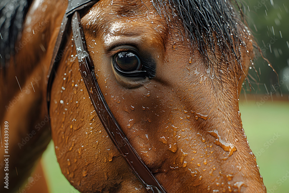 Close-Up of a Horse's Eye in the Rain: Nature, Elegance, Equine Beauty for Design and Print