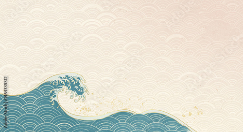 青海波と和雲のシームレス和柄背景・金箔・和紙テクスチャ入り・上品なデザイン　コピースペースあり