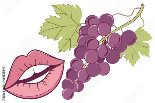 60 Surreal composite image, plump lips, bunch of purple grapes, green grape leaves, juicy fruit, sensual, photorealistic, high detail, vibrant colors, glossy lips, smooth skin texture, contrast, symbo