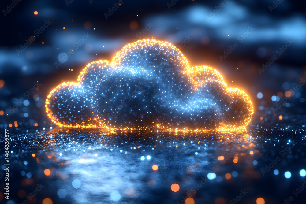 Illuminated Cloud on Reflective Surface with Orange and Blue Lights - Futuristic and Abstract Design