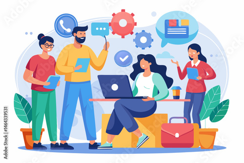 Business teamwork concept illustration featuring a diverse group of professionals discussing strategy in front of a colorful puzzle board with infographic elements like graphs, pie charts, and gears. 