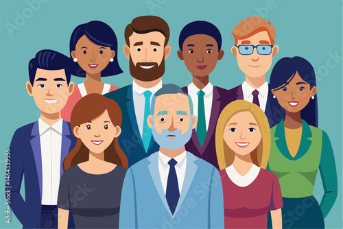 Business teamwork concept illustration featuring a diverse group of professionals discussing strategy in front of a colorful puzzle board with infographic elements like graphs, pie charts, and gears. 