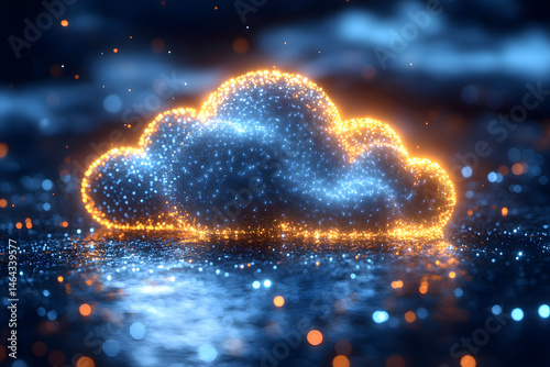 Obraz na płótnie Illuminated Cloud on Reflective Surface with Orange and Blue Lights - Futuristic and Abstract Design w salonie