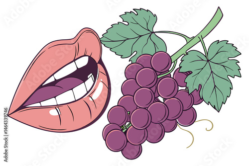 60 Surreal composite image, plump lips, bunch of purple grapes, green grape leaves, juicy fruit, sensual, photorealistic, high detail, vibrant colors, glossy lips, smooth skin texture, contrast, symbo