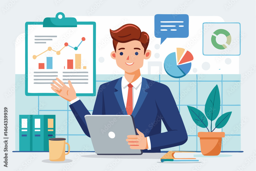 Business teamwork concept illustration featuring a diverse group of professionals discussing strategy in front of a colorful puzzle board with infographic elements like graphs, pie charts, and gears. Business teamwork concept illustration featuring a diverse group of professionals discussing strategy in front of a colorful puzzle board with infographic elements like graphs, pie charts, and gears.