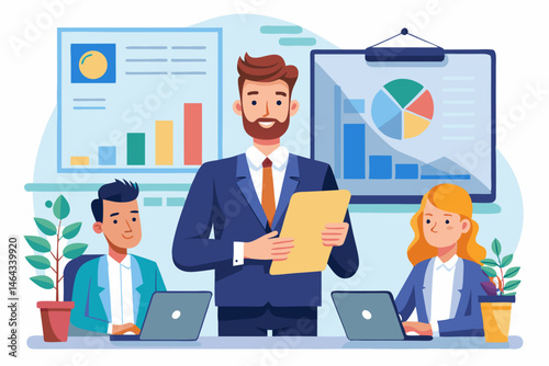 Business teamwork concept illustration featuring a diverse group of professionals discussing strategy in front of a colorful puzzle board with infographic elements like graphs, pie charts, and gears. 