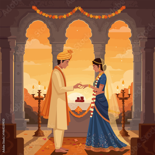 Couple Exchanging Rings During a Traditional Wedding Ceremony Illustration