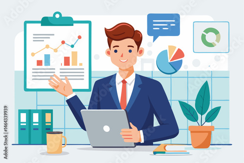 Business teamwork concept illustration featuring a diverse group of professionals discussing strategy in front of a colorful puzzle board with infographic elements like graphs, pie charts, and gears. 