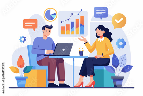 Business teamwork concept illustration featuring a diverse group of professionals discussing strategy in front of a colorful puzzle board with infographic elements like graphs, pie charts, and gears. 