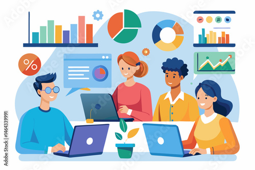 Business teamwork concept illustration featuring a diverse group of professionals discussing strategy in front of a colorful puzzle board with infographic elements like graphs, pie charts, and gears. 