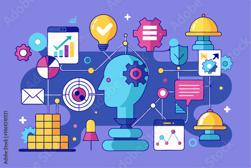 Business teamwork concept illustration featuring a diverse group of professionals discussing strategy in front of a colorful puzzle board with infographic elements like graphs, pie charts, and gears. 