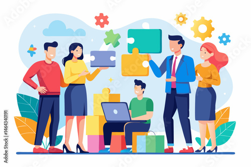 Business teamwork concept illustration featuring a diverse group of professionals discussing strategy in front of a colorful puzzle board with infographic elements like graphs, pie charts, and gears. 