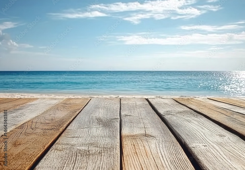 Fototapeta premium Wooden table surface with sunset-lit ocean and sandy beach in the background.