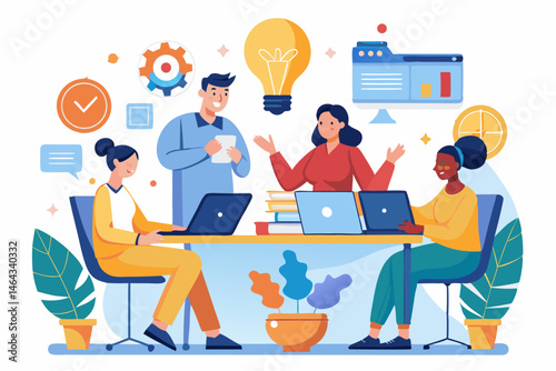 Business teamwork concept illustration featuring a diverse group of professionals discussing strategy in front of a colorful puzzle board with infographic elements like graphs, pie charts, and gears. 