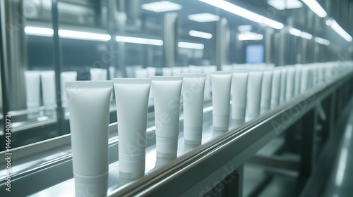 Rows of white cream tubes move along a conveyor belt in a modern cosmetic production facility. .