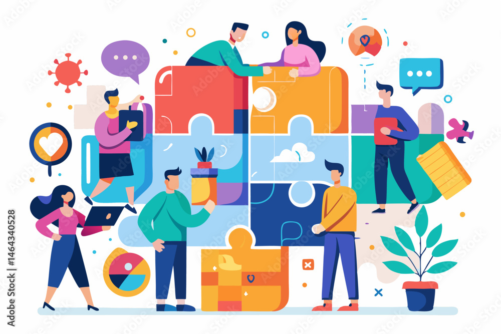 Naklejka premium Business teamwork concept illustration featuring a diverse group of professionals discussing strategy in front of a colorful puzzle board with infographic elements like graphs, pie charts, and gears. 