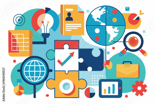 Business teamwork concept illustration featuring a diverse group of professionals discussing strategy in front of a colorful puzzle board with infographic elements like graphs, pie charts, and gears. 