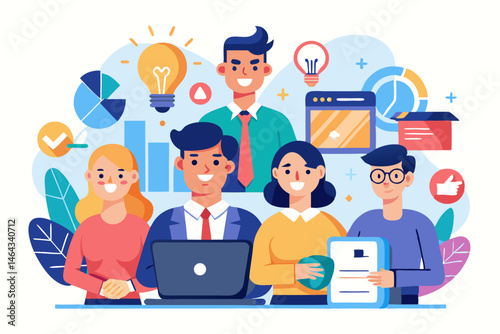 Business teamwork concept illustration featuring a diverse group of professionals discussing strategy in front of a colorful puzzle board with infographic elements like graphs, pie charts, and gears. 