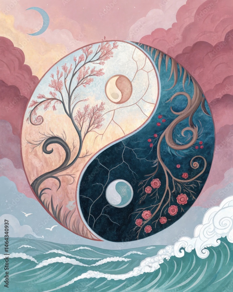 A yinyang symbol fractured into pieces with one side representing calm and the other chaos reflecting the balance or lack thereof brought about by obsessive thinking.