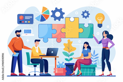 Business teamwork concept illustration featuring a diverse group of professionals discussing strategy in front of a colorful puzzle board with infographic elements like graphs, pie charts, and gears. 