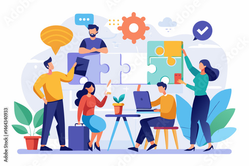 Business teamwork concept illustration featuring a diverse group of professionals discussing strategy in front of a colorful puzzle board with infographic elements like graphs, pie charts, and gears. 