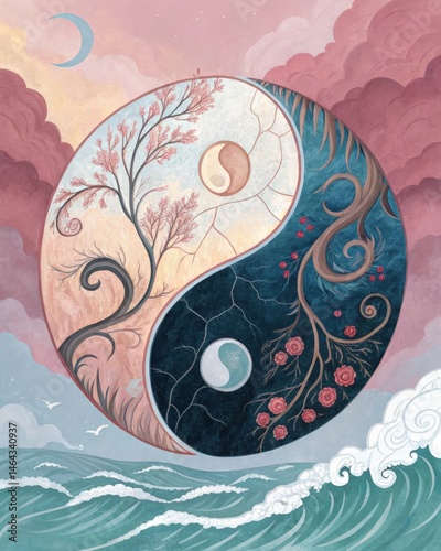 Obraz na płótnie A yinyang symbol fractured into pieces with one side representing calm and the other chaos reflecting the balance or lack thereof brought about by obsessive thinking. w salonie
