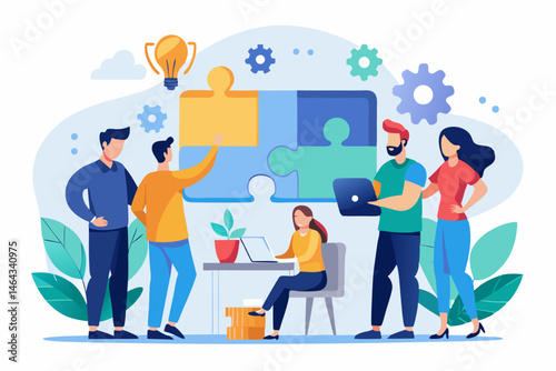 Business teamwork concept illustration featuring a diverse group of professionals discussing strategy in front of a colorful puzzle board with infographic elements like graphs, pie charts, and gears. 