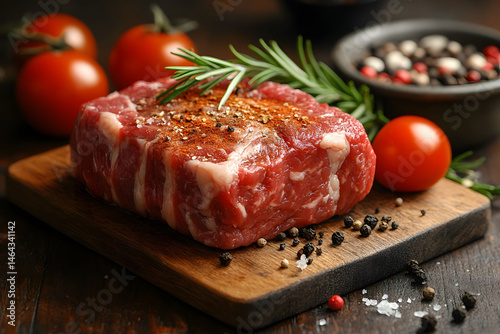 Fresh Seasoned Beef Steak with Cherry Tomatoes and Peppercorns on Rustic Cutting Board