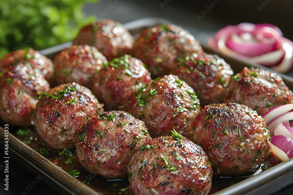 Delicious Homemade Meatballs Garnished with Fresh Herbs on a Tray