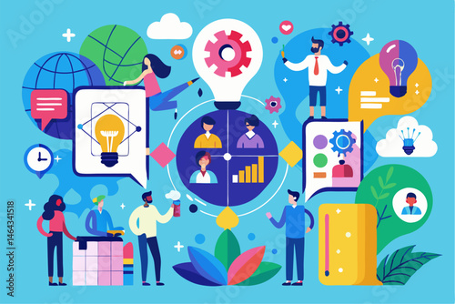Business teamwork concept illustration featuring a diverse group of professionals discussing strategy in front of a colorful puzzle board with infographic elements like graphs, pie charts, and gears. 