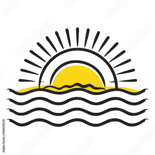 Sun rising above the waves symbolizing positivity and warmth in a minimalist design