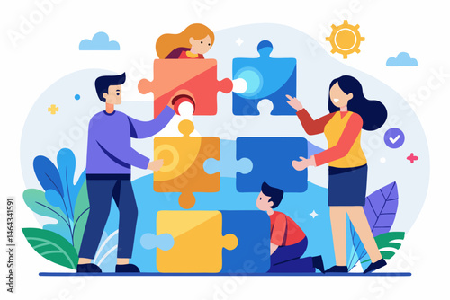 Business teamwork concept illustration featuring a diverse group of professionals discussing strategy in front of a colorful puzzle board with infographic elements like graphs, pie charts, and gears. 
