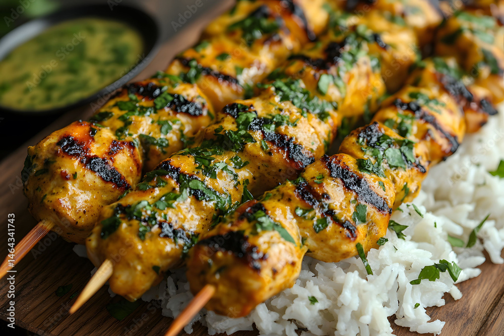 Grilled Chicken Skewers on Rice with Herb Garnish - Perfect for Summer BBQs and Outdoor Parties