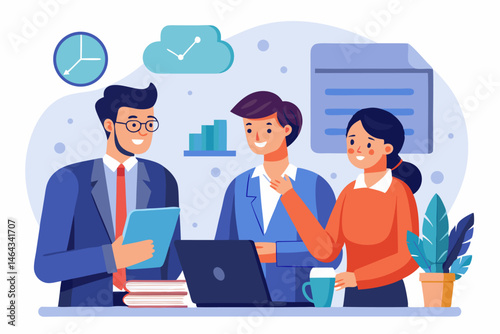 Business teamwork concept illustration featuring a diverse group of professionals discussing strategy in front of a colorful puzzle board with infographic elements like graphs, pie charts, and gears. 