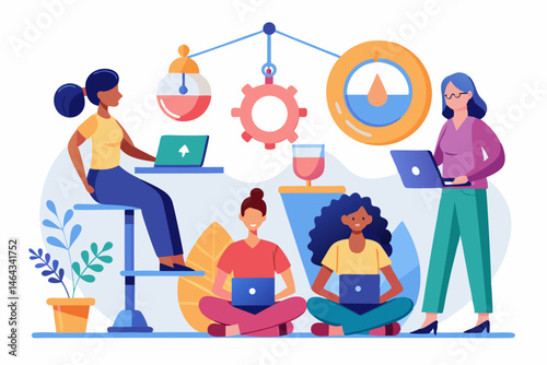 Business teamwork concept illustration featuring a diverse group of professionals discussing strategy in front of a colorful puzzle board with infographic elements like graphs, pie charts, and gears. 