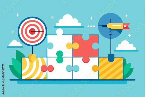 Business teamwork concept illustration featuring a diverse group of professionals discussing strategy in front of a colorful puzzle board with infographic elements like graphs, pie charts, and gears. 