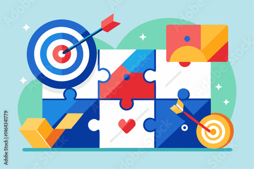 Business teamwork concept illustration featuring a diverse group of professionals discussing strategy in front of a colorful puzzle board with infographic elements like graphs, pie charts, and gears. 