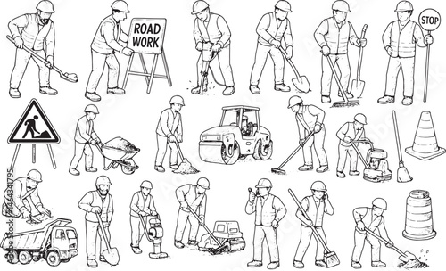 A hand-drawn black-and-white illustration of road work scenes with workers, tools, and equipment like wheelbarrows, rollers, and signs. Ideal for construction designs, safety graphics, or infrastructu