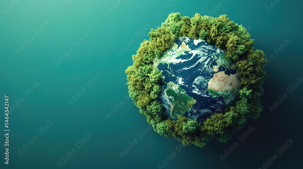 Fototapeta premium Small Earth globe fully covered by lush green vegetation on teal background.