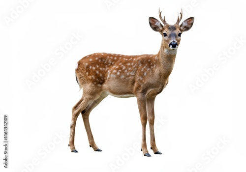 Wallpaper Mural Spotted fawn standing alert on a plain white background, showing its small antlers and gentle expression Torontodigital.ca