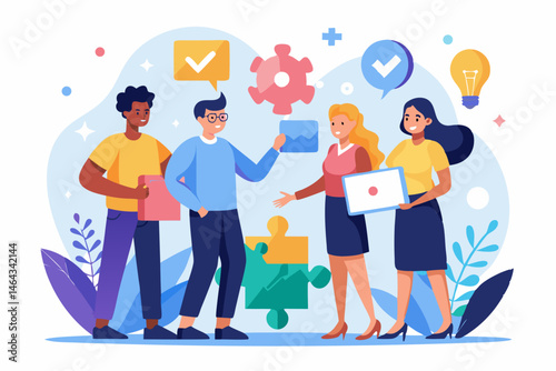 Business teamwork concept illustration featuring a diverse group of professionals discussing strategy in front of a colorful puzzle board with infographic elements like graphs, pie charts, and gears. 