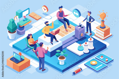 Business teamwork concept illustration featuring a diverse group of professionals discussing strategy in front of a colorful puzzle board with infographic elements like graphs, pie charts, and gears. 