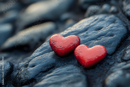 Obraz na płótnie Romantic Red Hearts on Stones, Symbolizing Love and Togetherness w salonie