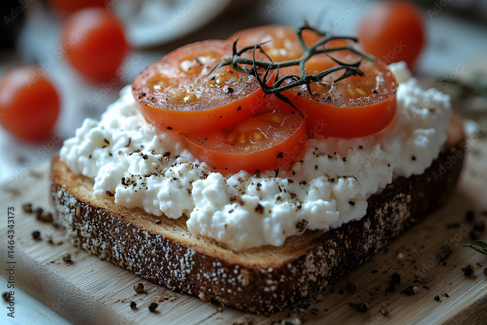 Fresh Tomato and Cottage Cheese Open-Faced Sandwich on Rustic Bread